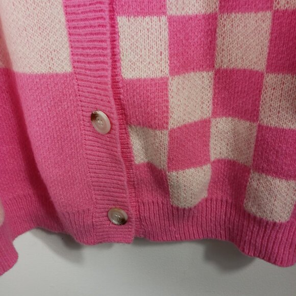 BIBI Pink & Ivory Mixed Checkered Oversized Cardigan Sweater Size LRG, Cozy Chic - Picture 4 of 16